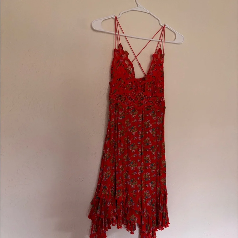 Free People Adella floral printed slip mini dress, featuring a lace bodice Small